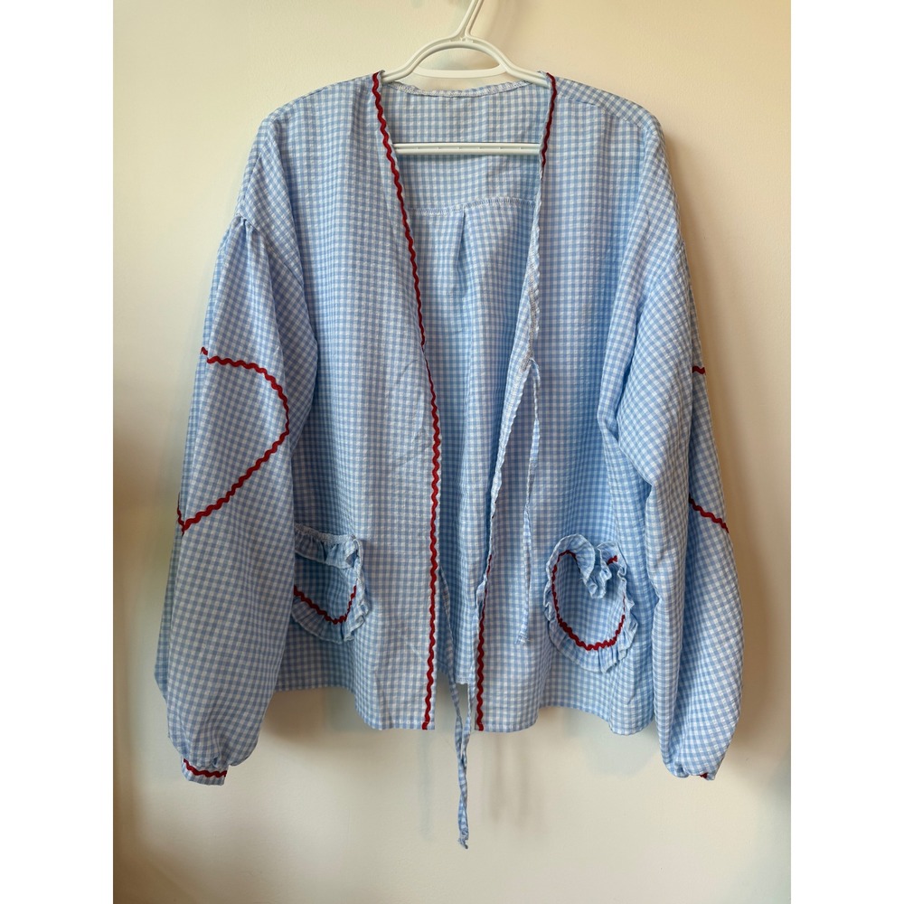 Blue Gingham Tie Front Cardigan Top Red Ric Rac Heart Pockets XL Cottagecore